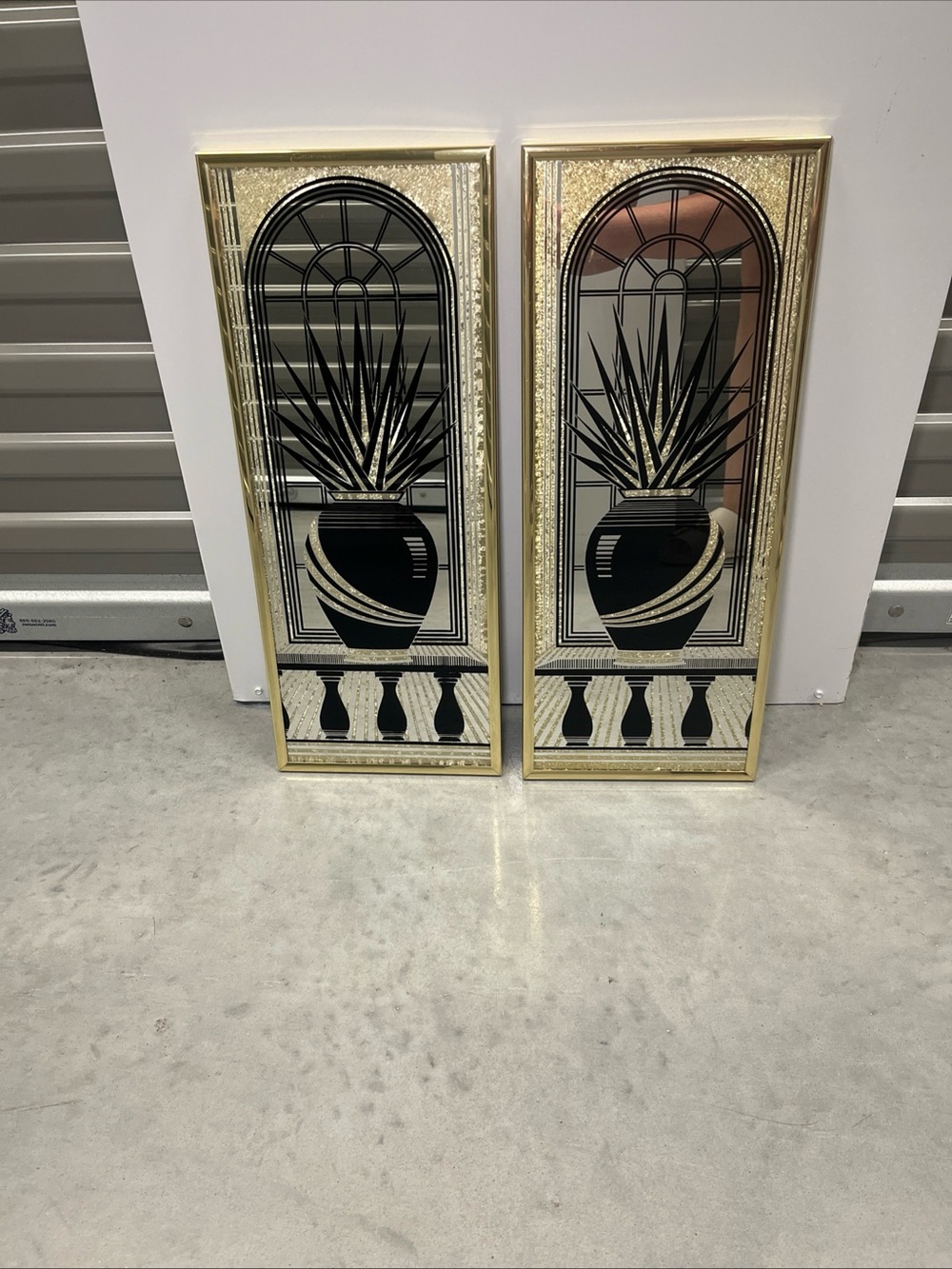 Vintage 80’s Gold Black Plant Vase Etched Mirrors Wall Art Pair Wall Decor - Picture 3 of 11